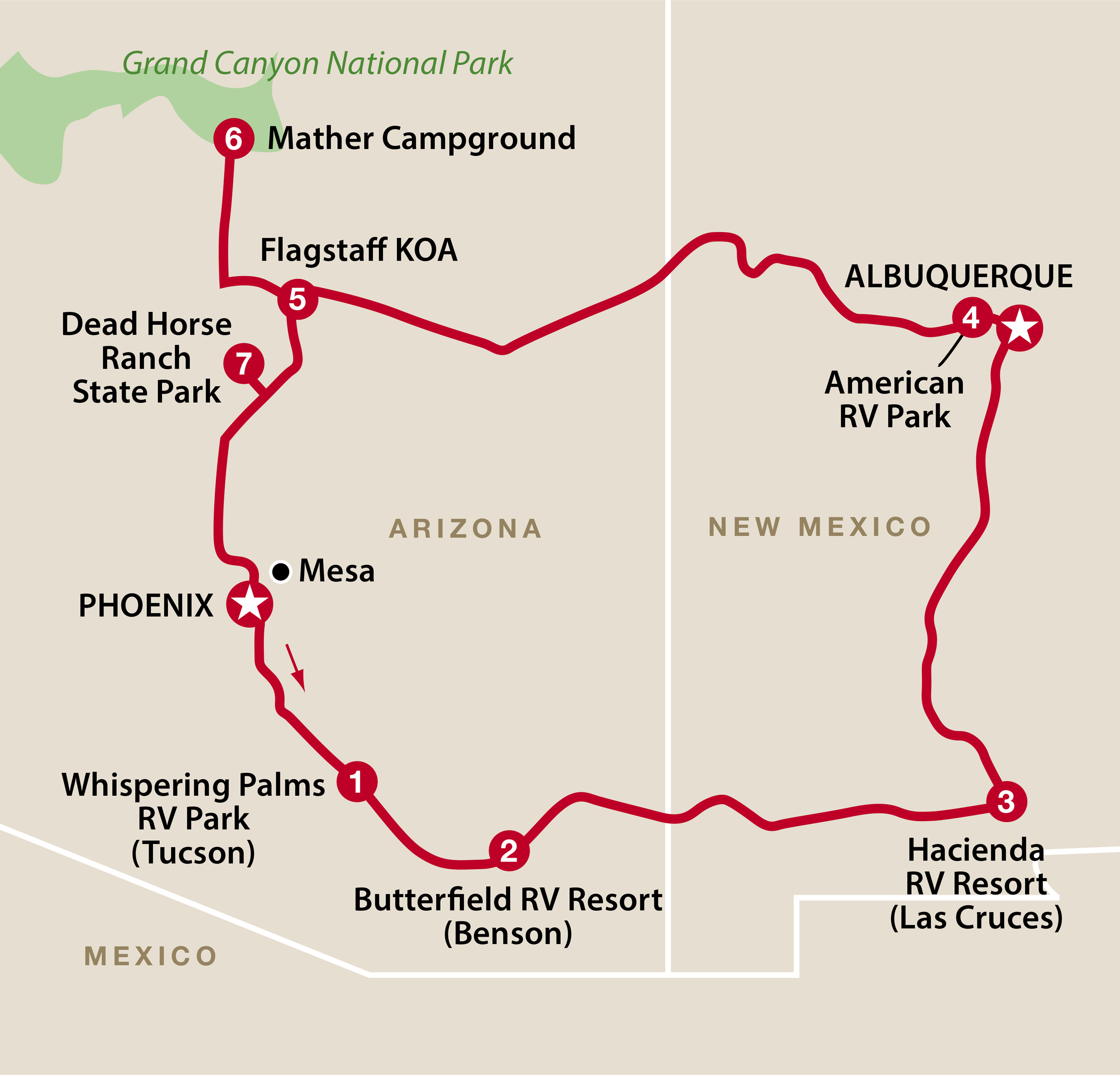 Mapa del recorrido Arizona, Nuevo México y Grand Canyon