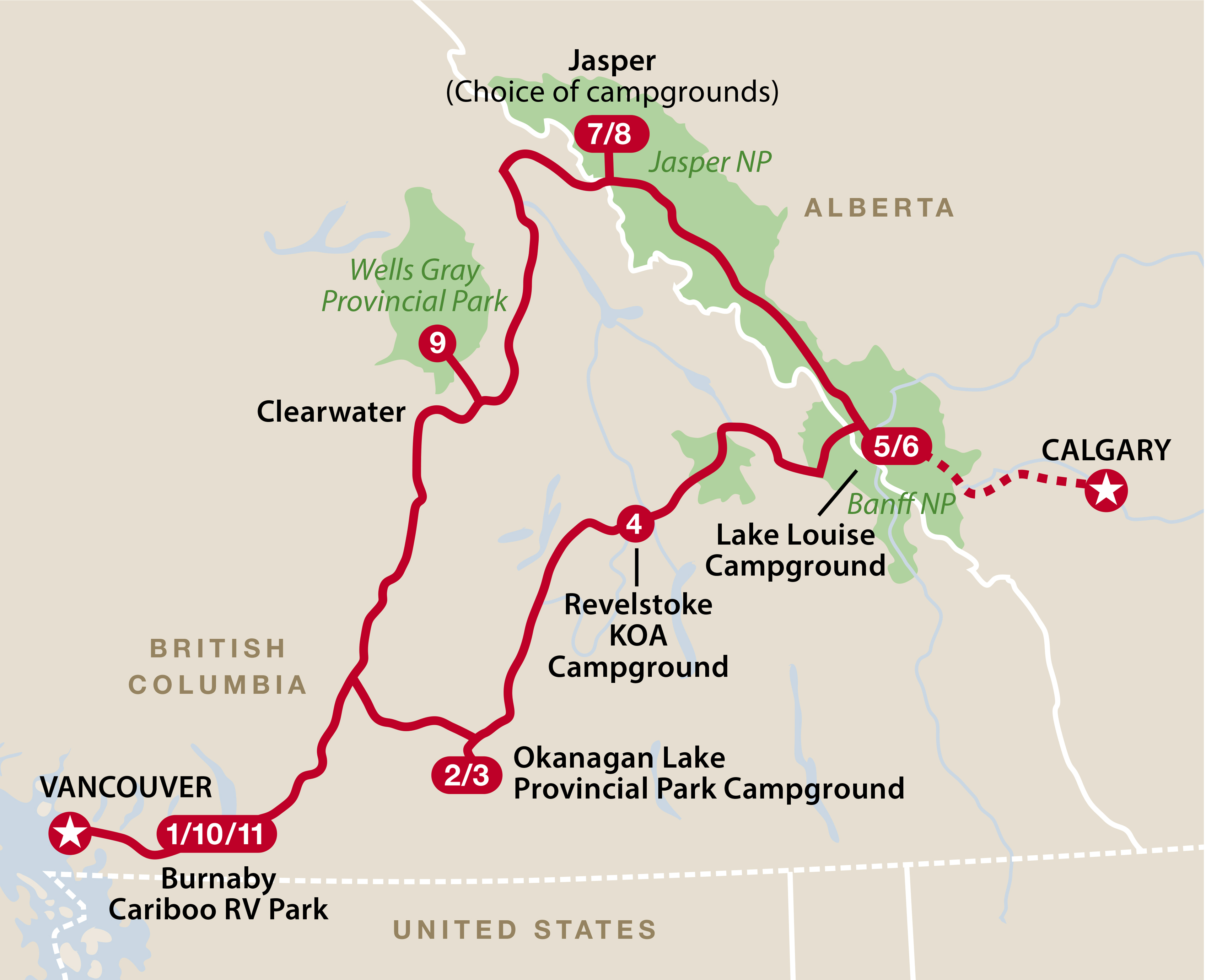 Mapa del recorrido Lo mejor del Oeste canadiense