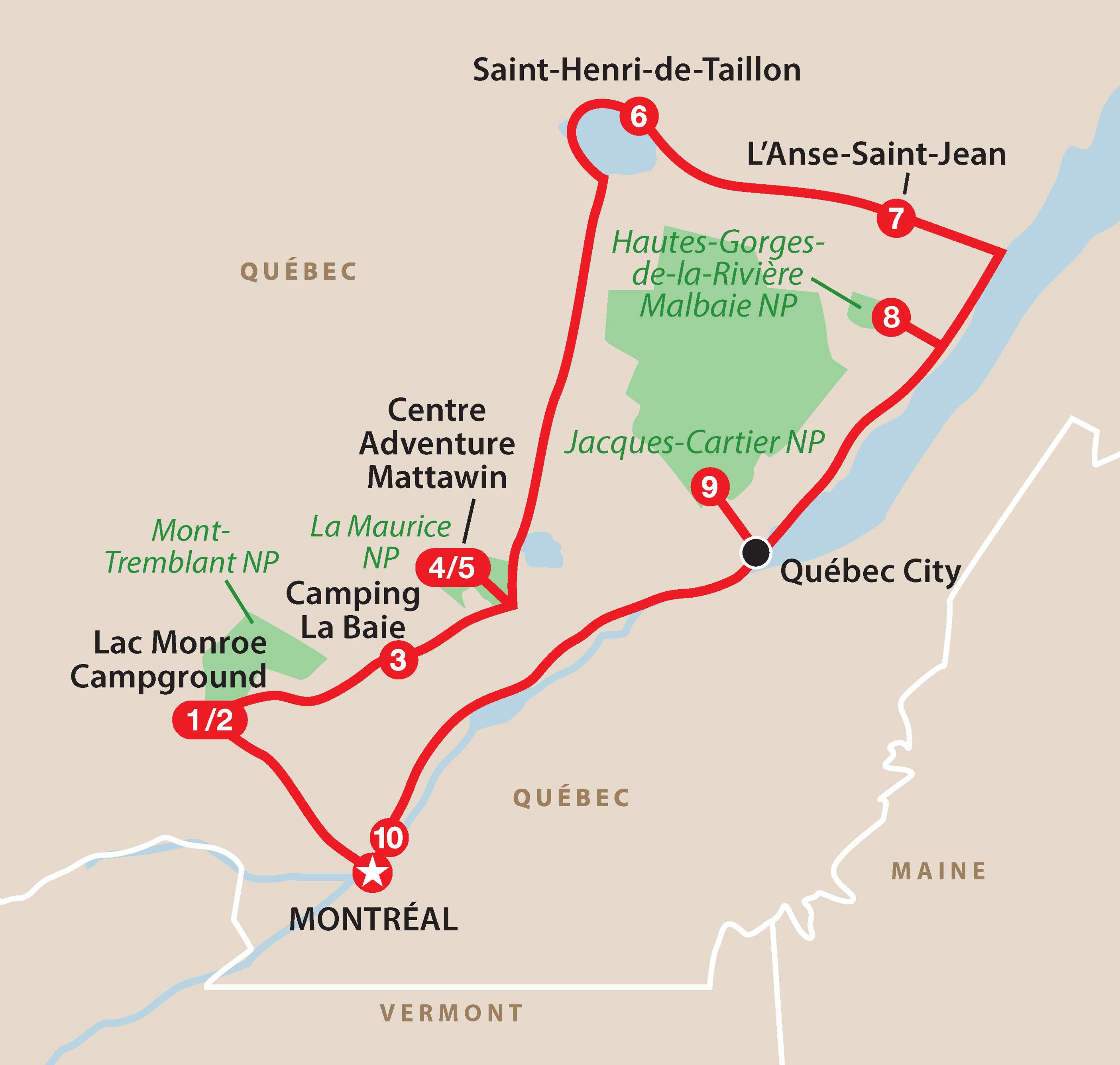 Mapa del recorrido Quebec clásico