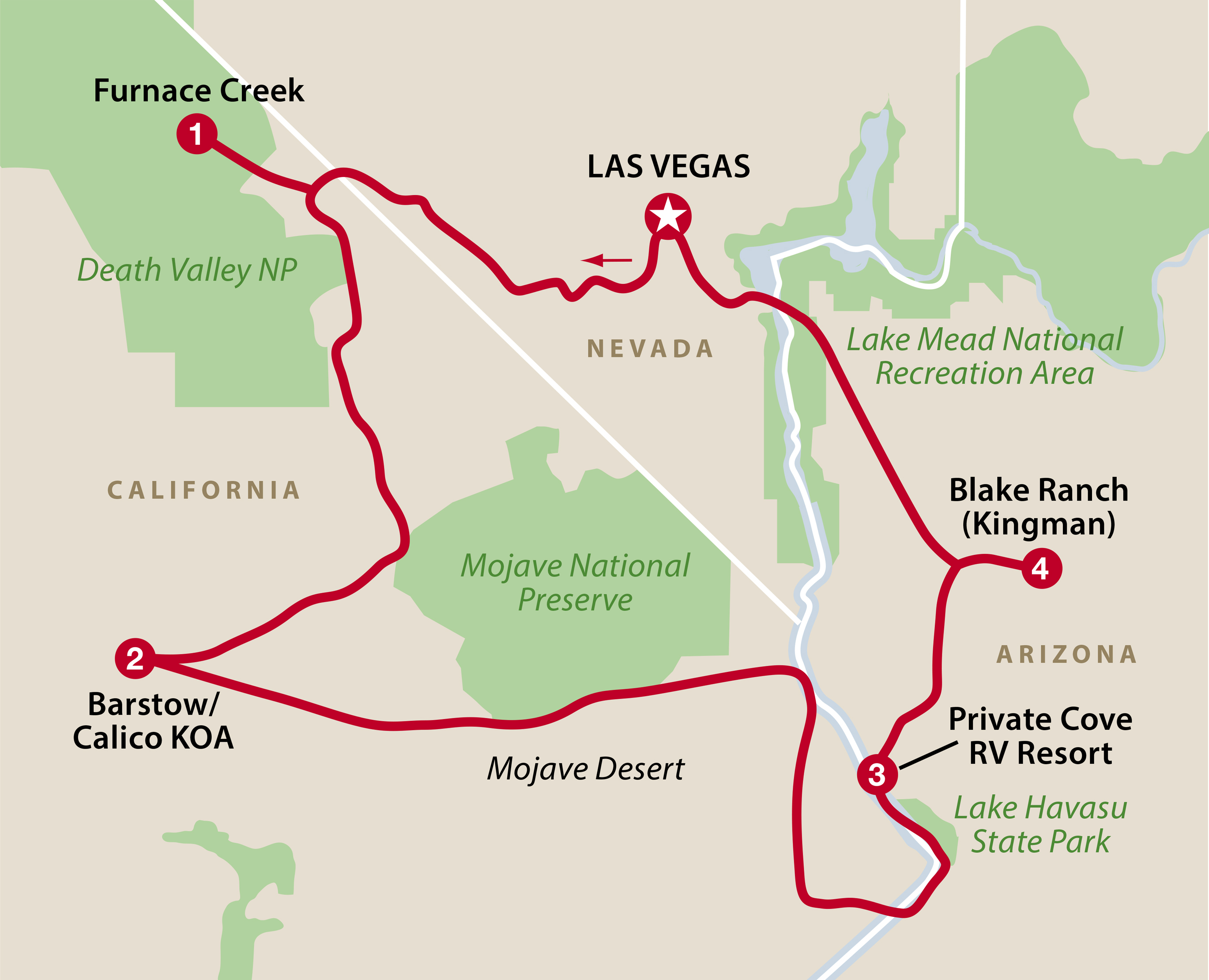 Mapa del recorrido Death Valley y Lake Havasu