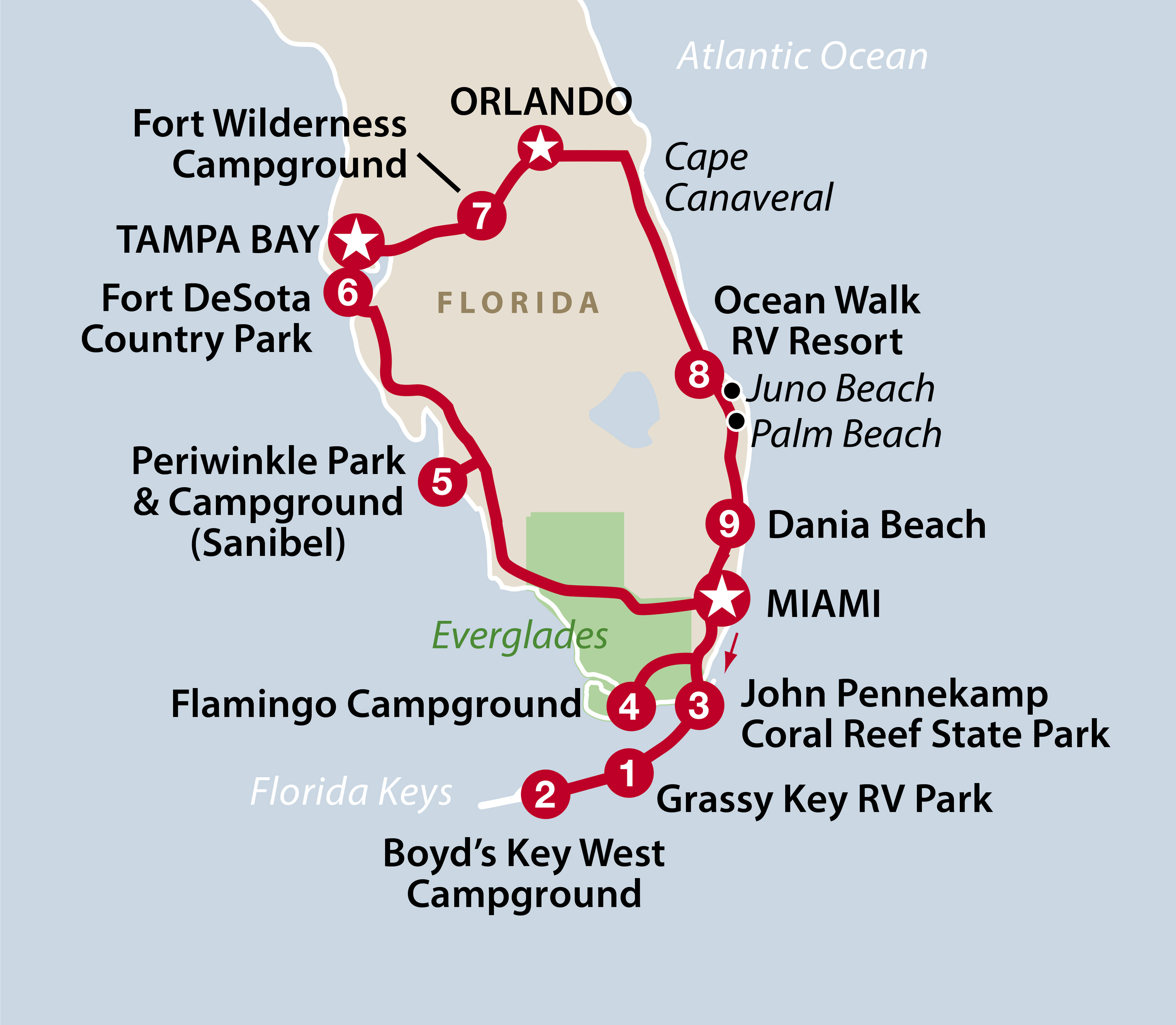 Mapa del recorrido Playas de Florida y los Cayos