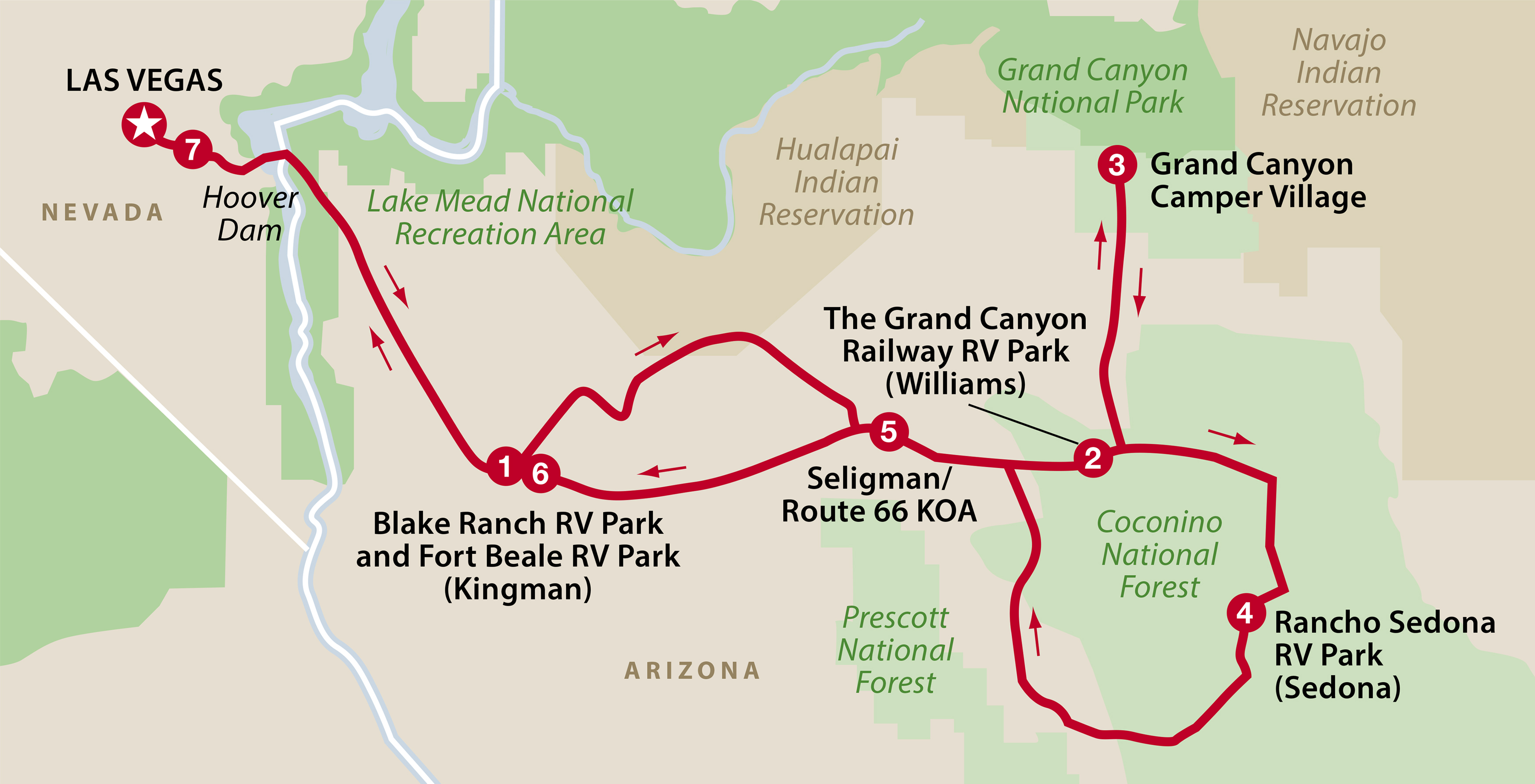 Mapa del recorrido Grand Canyon y Las Vegas
