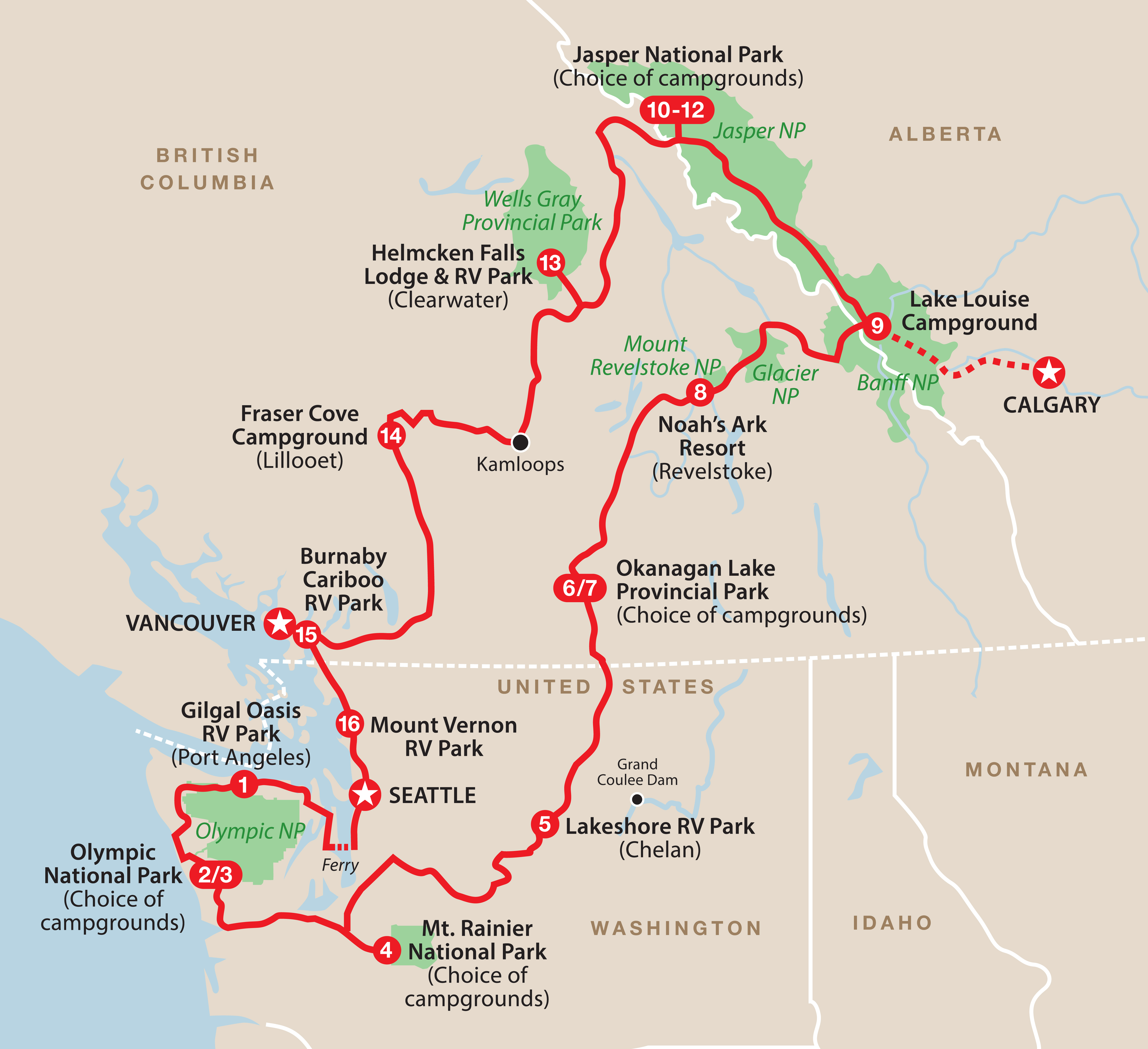 Mapa del recorrido Pacífico NW y Rocosas canadienses