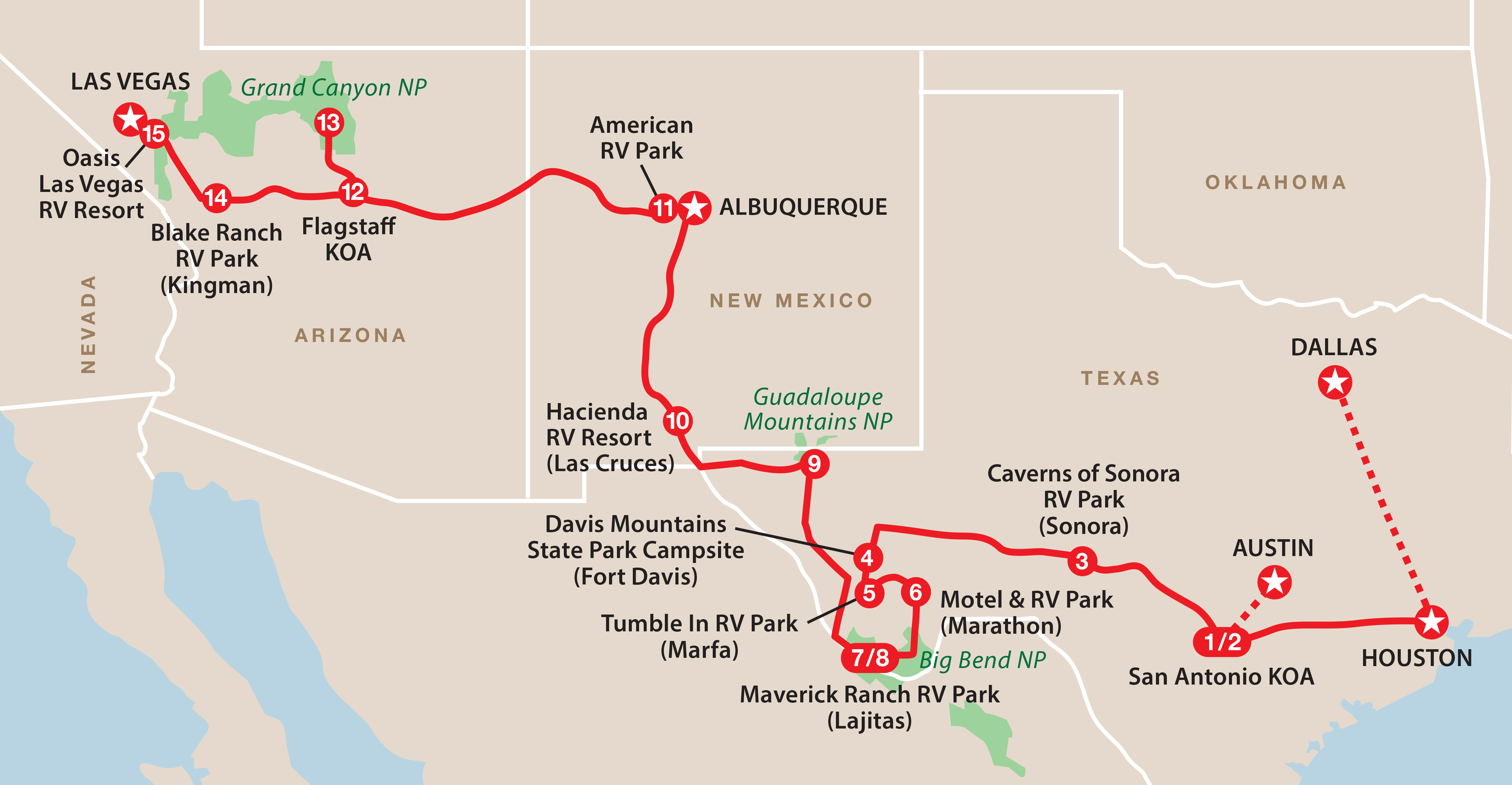 Mapa del recorrido Texas a Las Vegas vía Big Bend